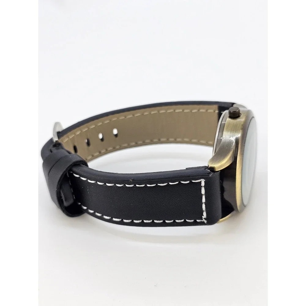 Men Analog Watch 38MM Bronze Dial New Faux Black Leather Bands New Battery READ